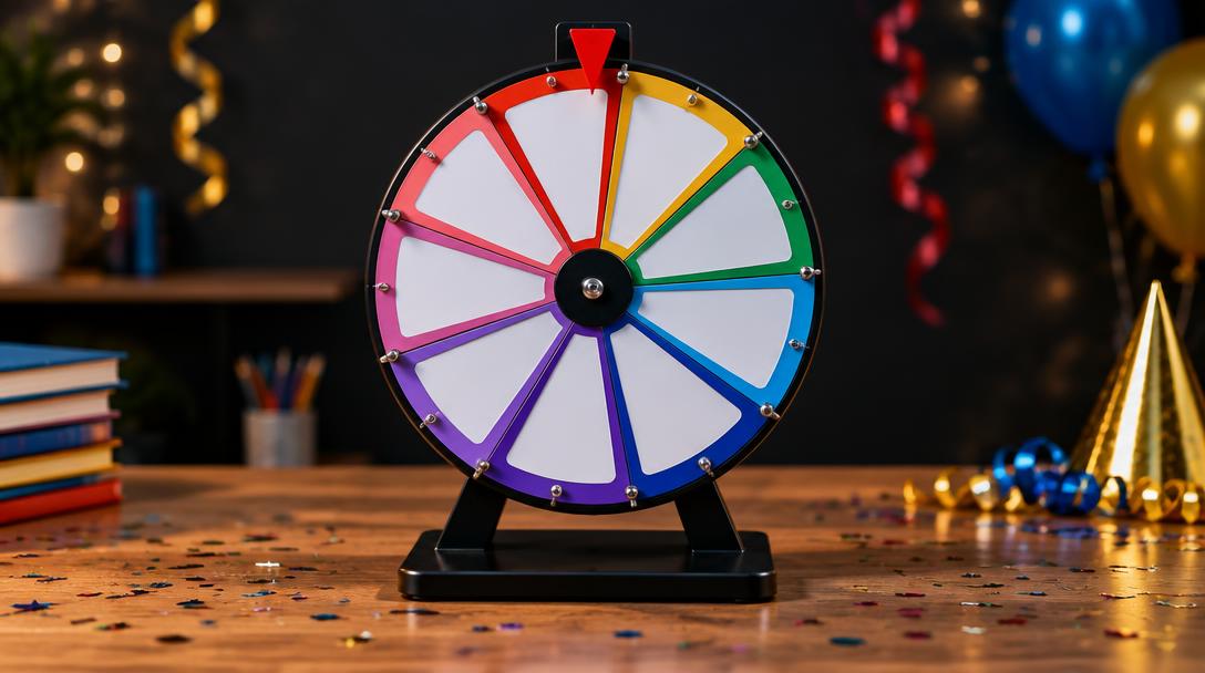 A colorful tabletop prize wheel on a wooden desk with party decorations
