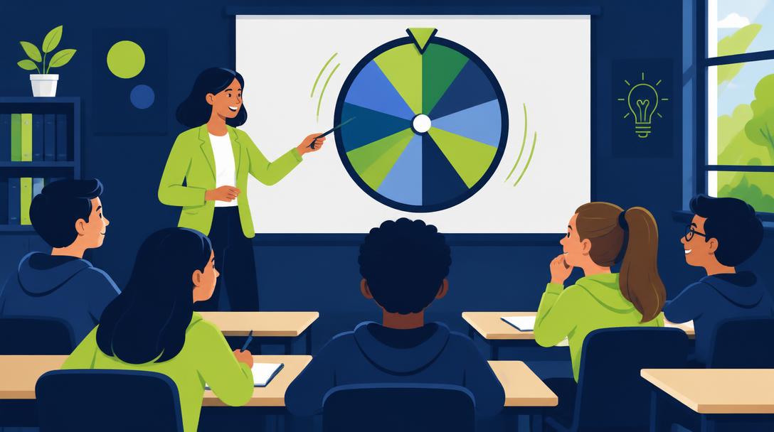 Teacher pointing at a spinning name wheel on the classroom whiteboard