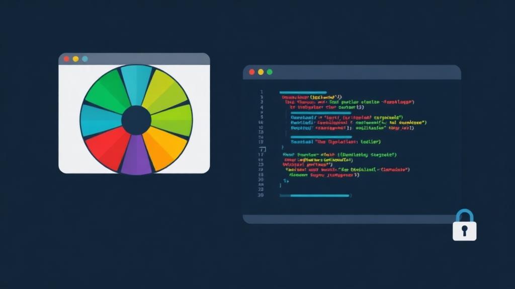 Illustration of a wheel spinner beside lines of JavaScript code