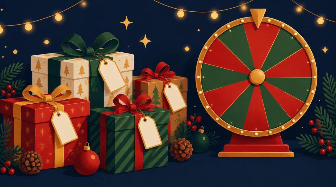Wrapped Christmas gifts with name tags beside a festive name-draw wheel