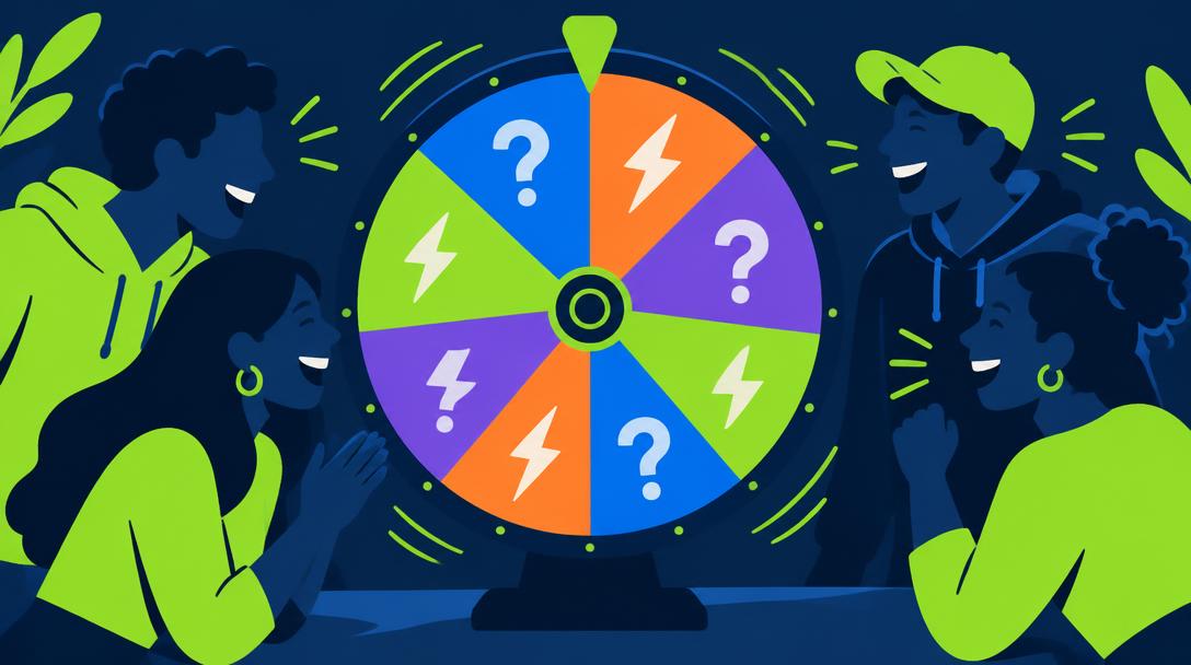Friends laughing around a colourful truth or dare spinning wheel