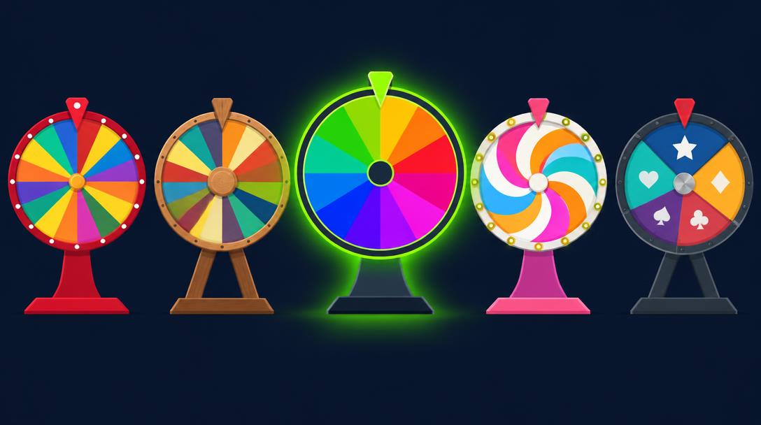 A row of different spinning wheels with one highlighted